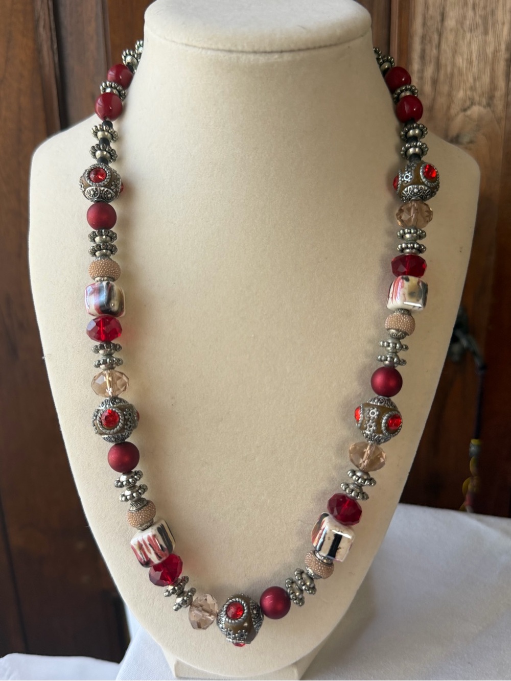 Artisan Red Crystal Beaded Necklace Magnetic Clasp Boho Statement 23”